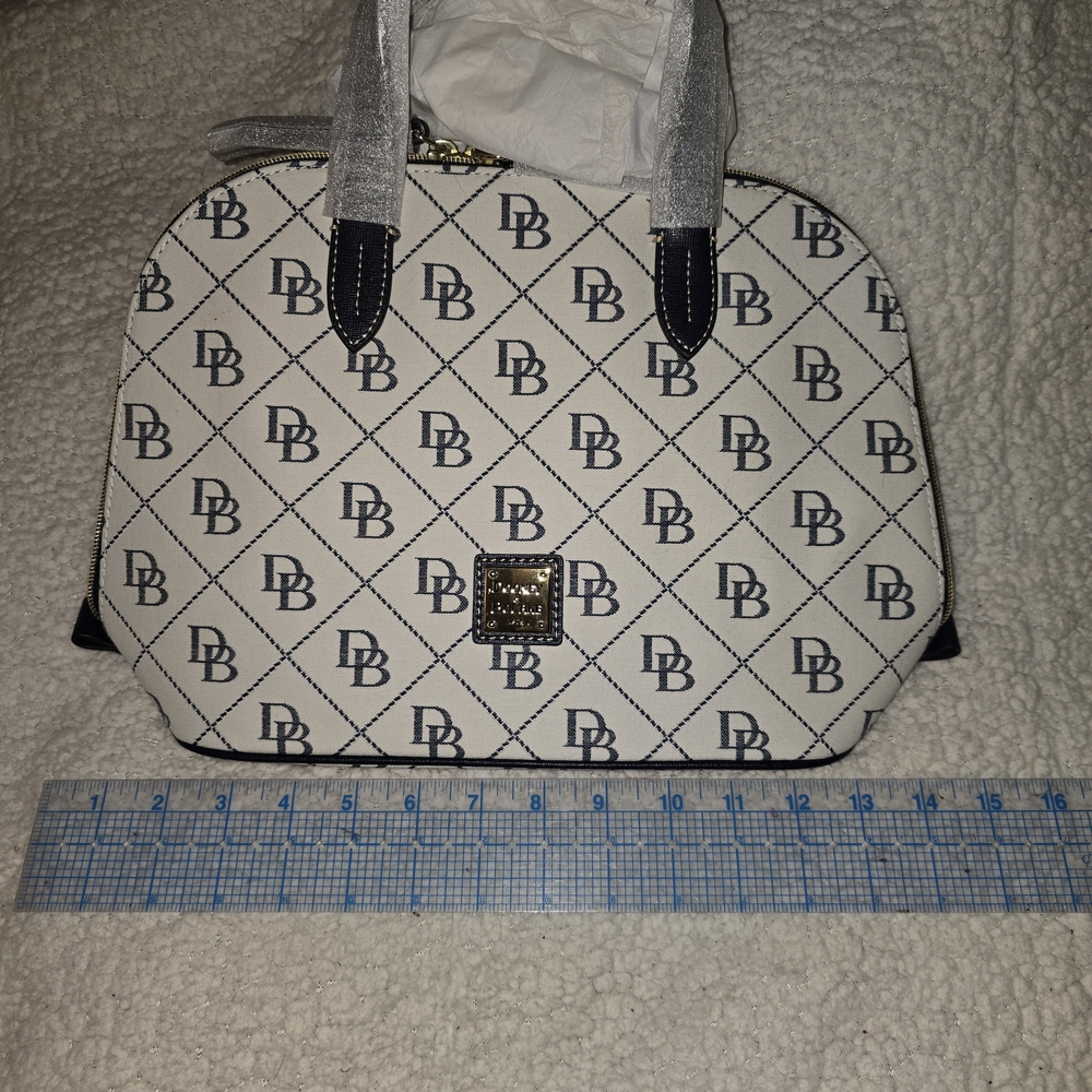 Dooney & Bourke Classic Monogram DB White and Marine Zip Zip Satchel
